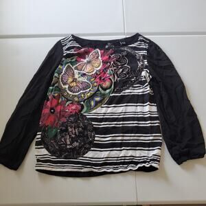 Desigual Shirt Womens Large Black Stripe Butterfly Floral Boho Graphic Top
